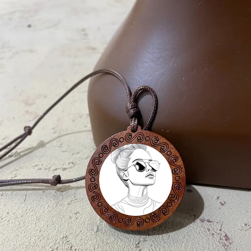 Vintage Adjustable Bohemian Pendant Necklace with Hand Drawn Woman Art